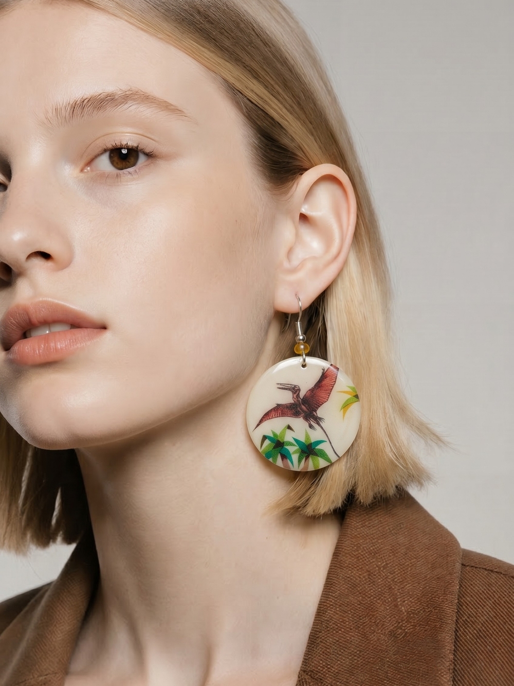 Vintage Pterodactyl Dinosaur Acrylic Disc Dangle Screw Back Earrings